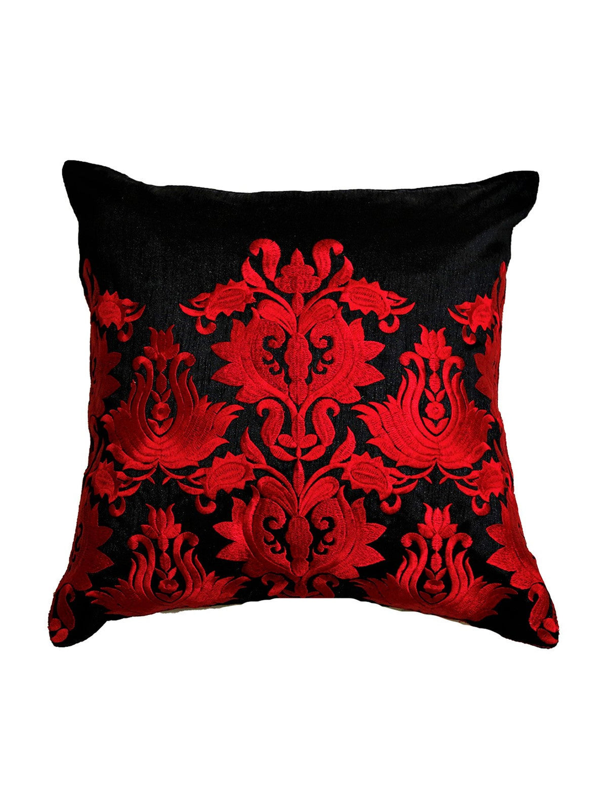 Black cushion cover with a red damask floral embroidery