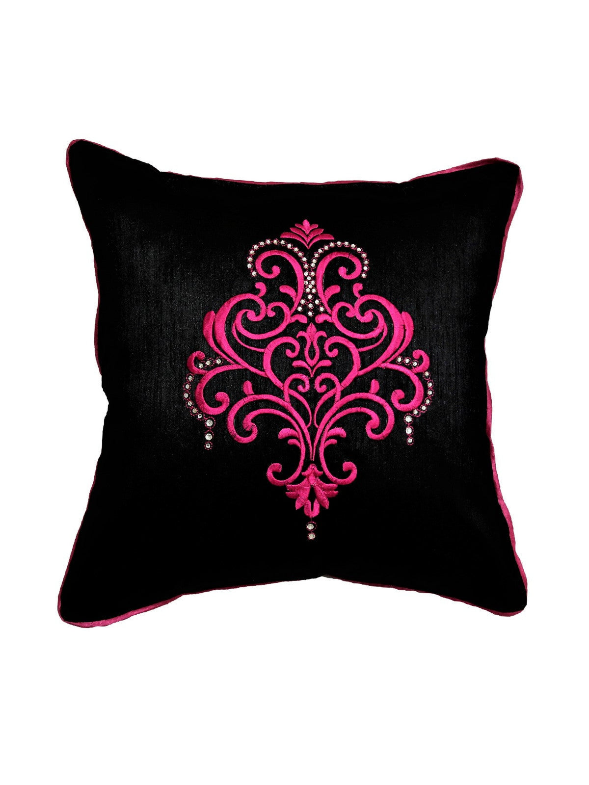 Black cushion cover with a magenta-pink embroidered scroll medallion and crystal beading, magenta piping