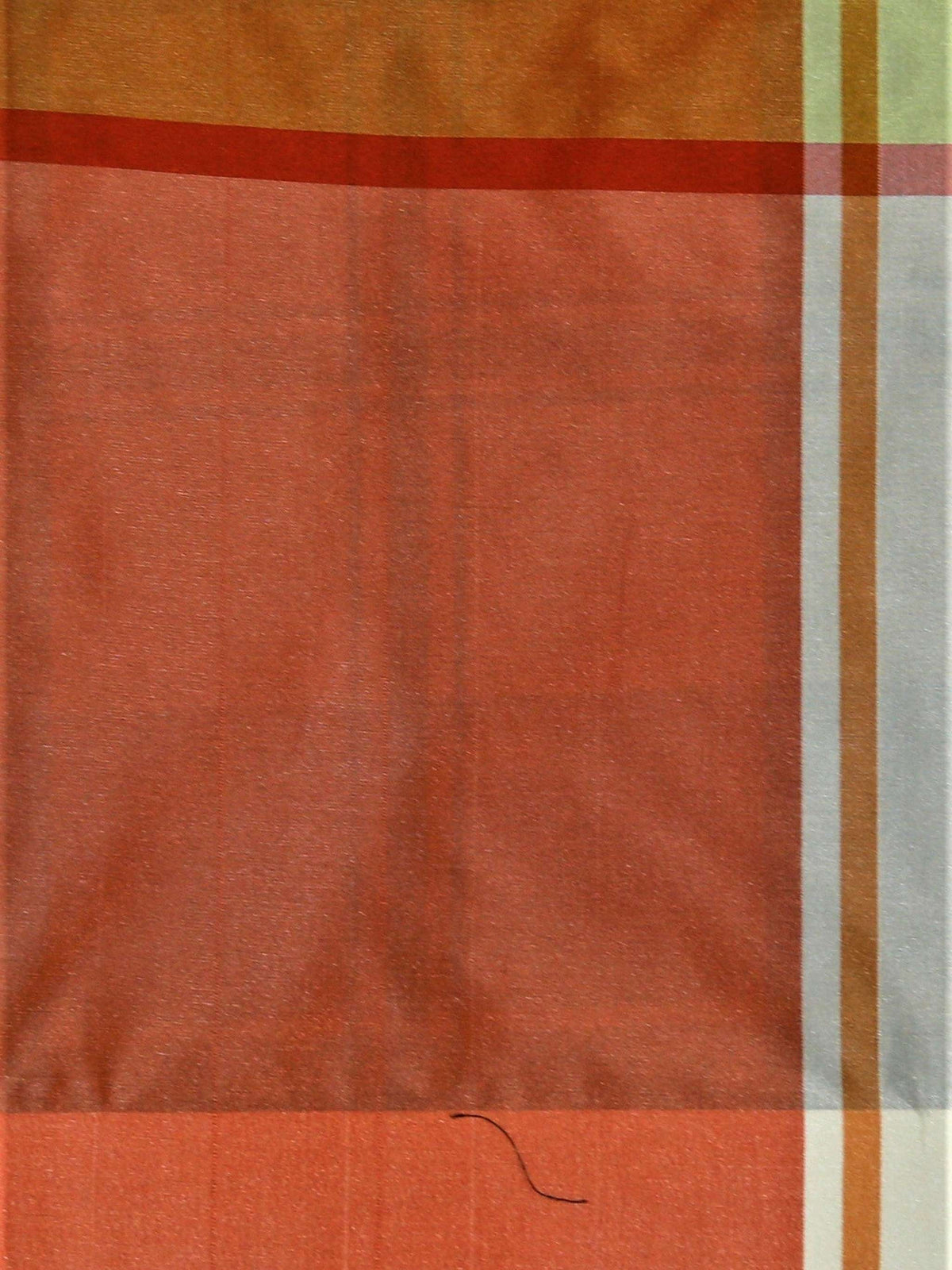 Big-check silk fabric with a solid coral-orange panel bordered by rust, gold, sage, and grey stripe lines
