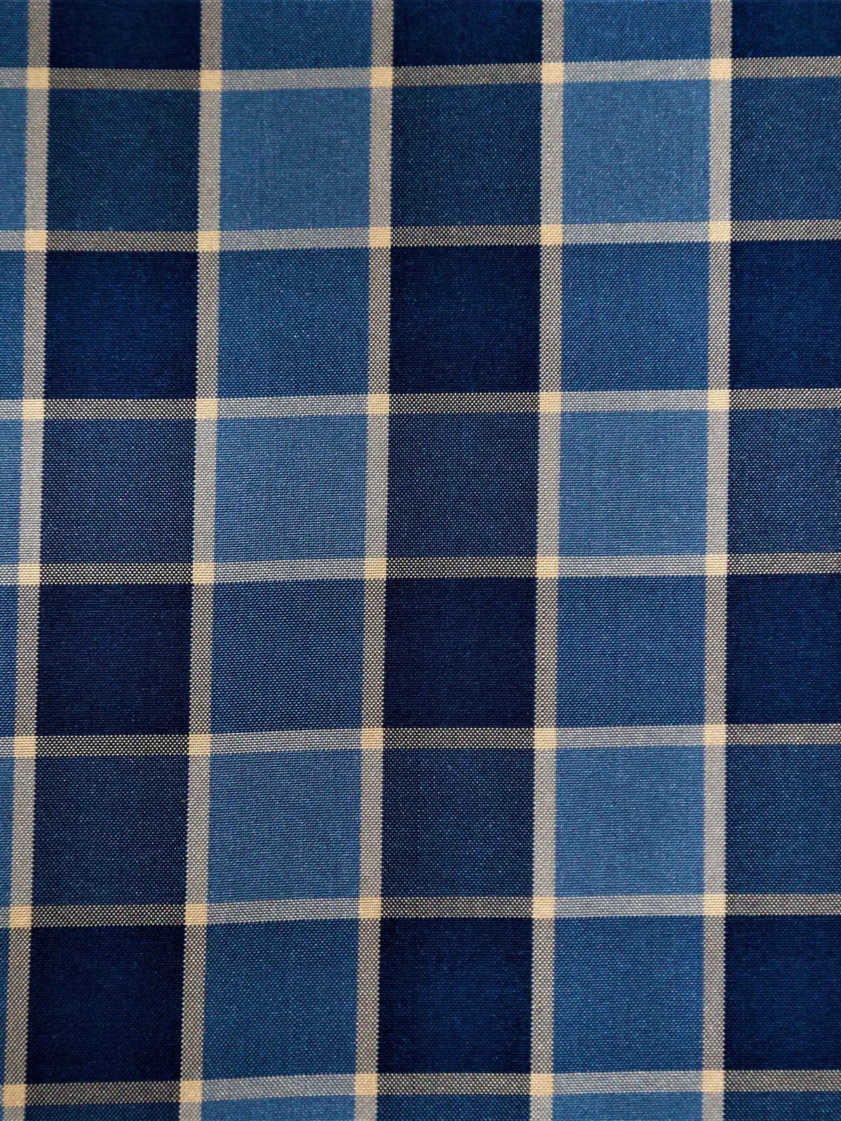 Navy and steel-blue windowpane check silk fabric with cream pinstripes