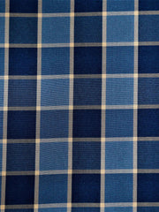 Navy and steel-blue windowpane check silk fabric with cream pinstripes