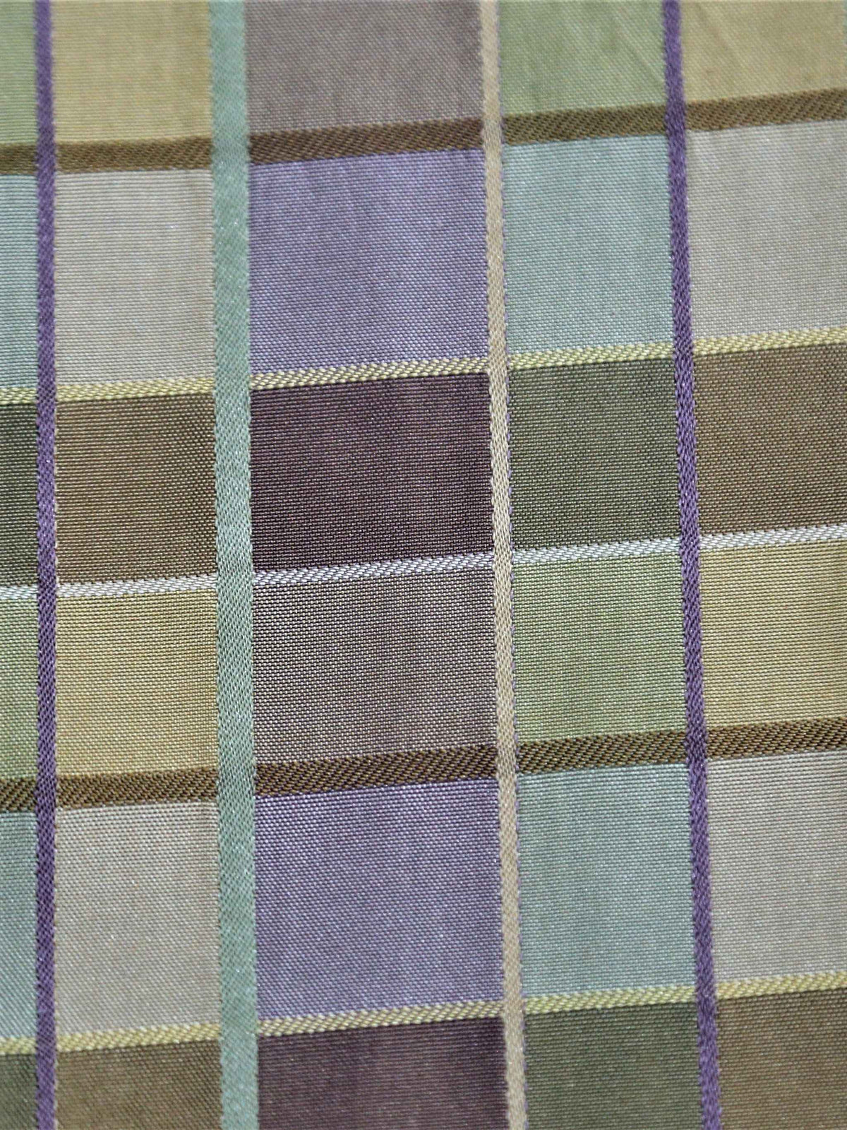 Satin plaid silk upholstery fabric in pale indigo, sage green and cream checks