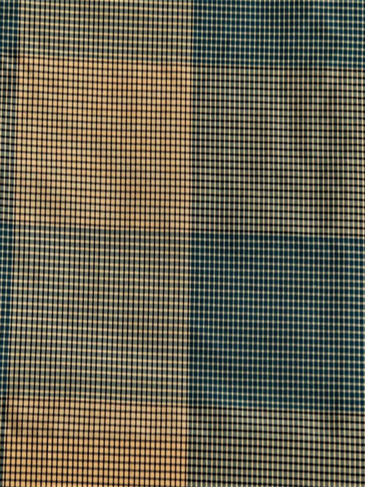 Tan-gold and dark teal windowpane check silk fabric with fine pinstripe grid lines