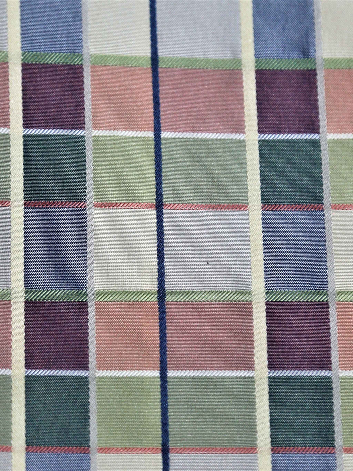 Satin plaid silk fabric in dusty blue-grey, sage green, and mauve tartan check with red, white, and black pinstripe accents