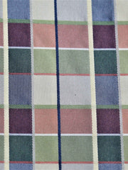 Satin plaid silk fabric in dusty blue-grey, sage green, and mauve tartan check with red, white, and black pinstripe accents