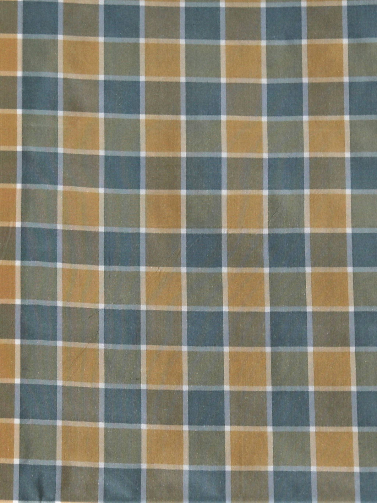 Zena check silk fabric in steel teal-blue-green and gold-tan interlocking windowpane blocks