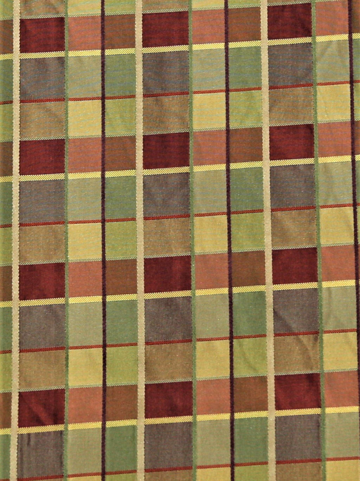 Satin plaid silk upholstery fabric in wine, olive green and gold checks