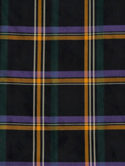 Tafeta check polysilk fabric in charcoal-black with purple, mustard-gold, and dark green tartan pinstripes