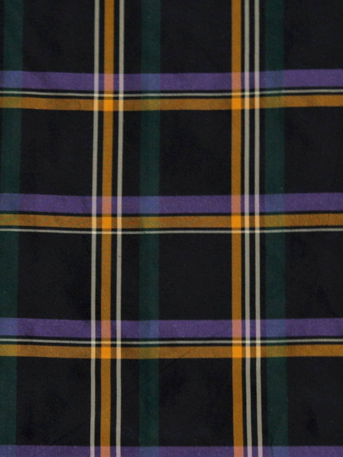 Tafeta check silk fabric in charcoal-black with purple, mustard-gold, and dark green tartan pinstripes