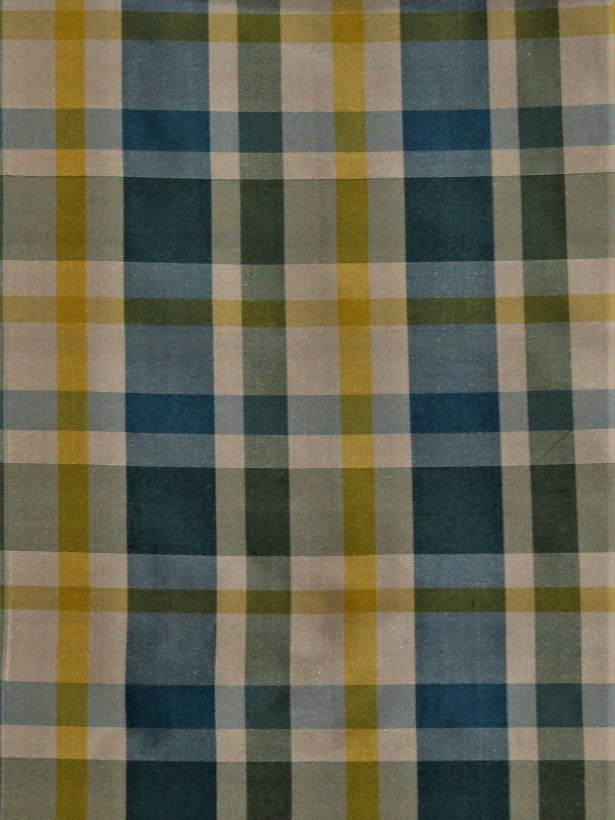 Louisiana pattern silk fabric in a navy-blue, teal-green, and mustard-gold plaid check with cream grid lines