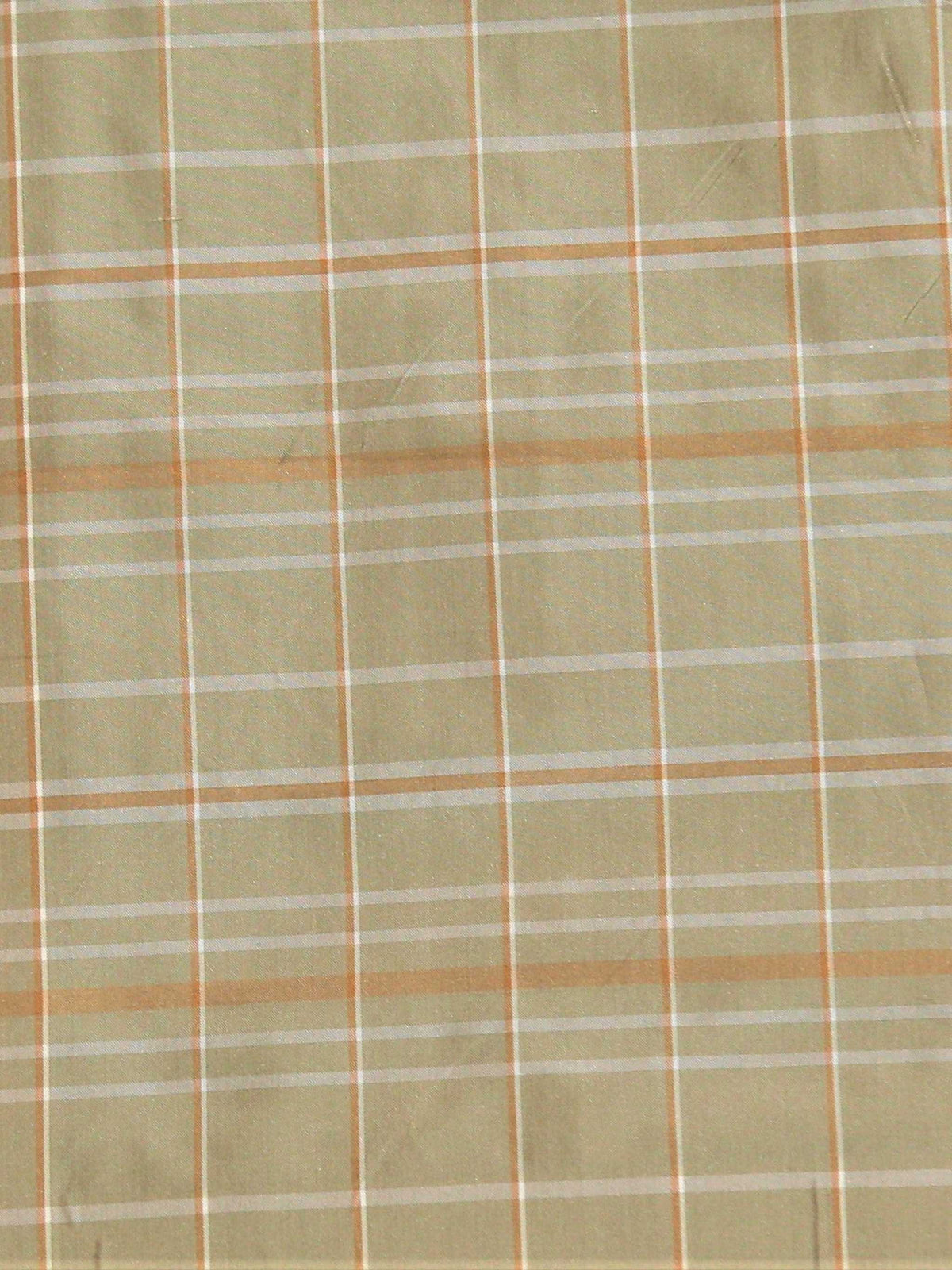 Tafeta check silk fabric in sage-green with cream and rust-orange pinstripe grid lines