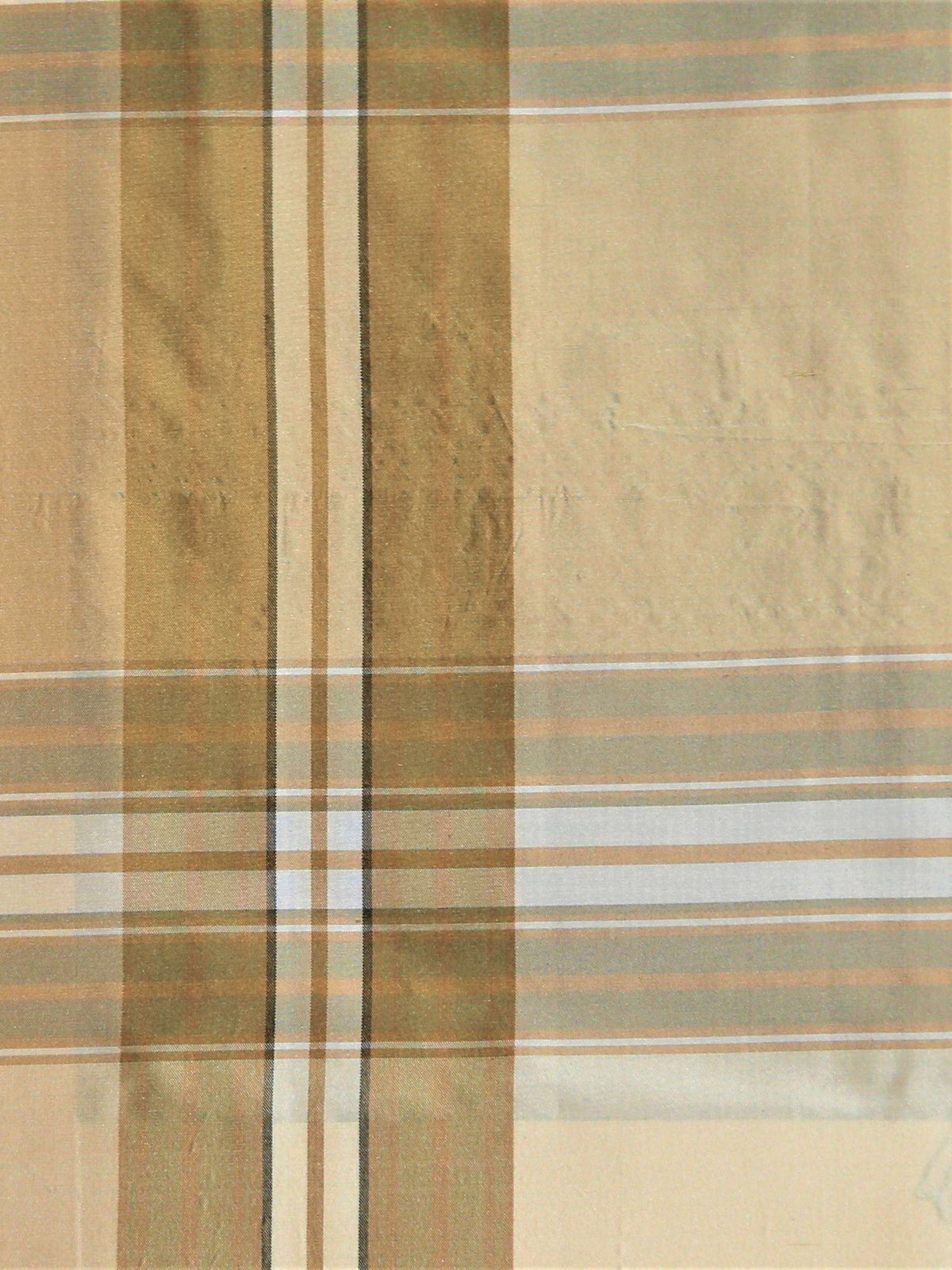 Big check silk fabric in beige and tan large-scale check with navy pinstripe accents