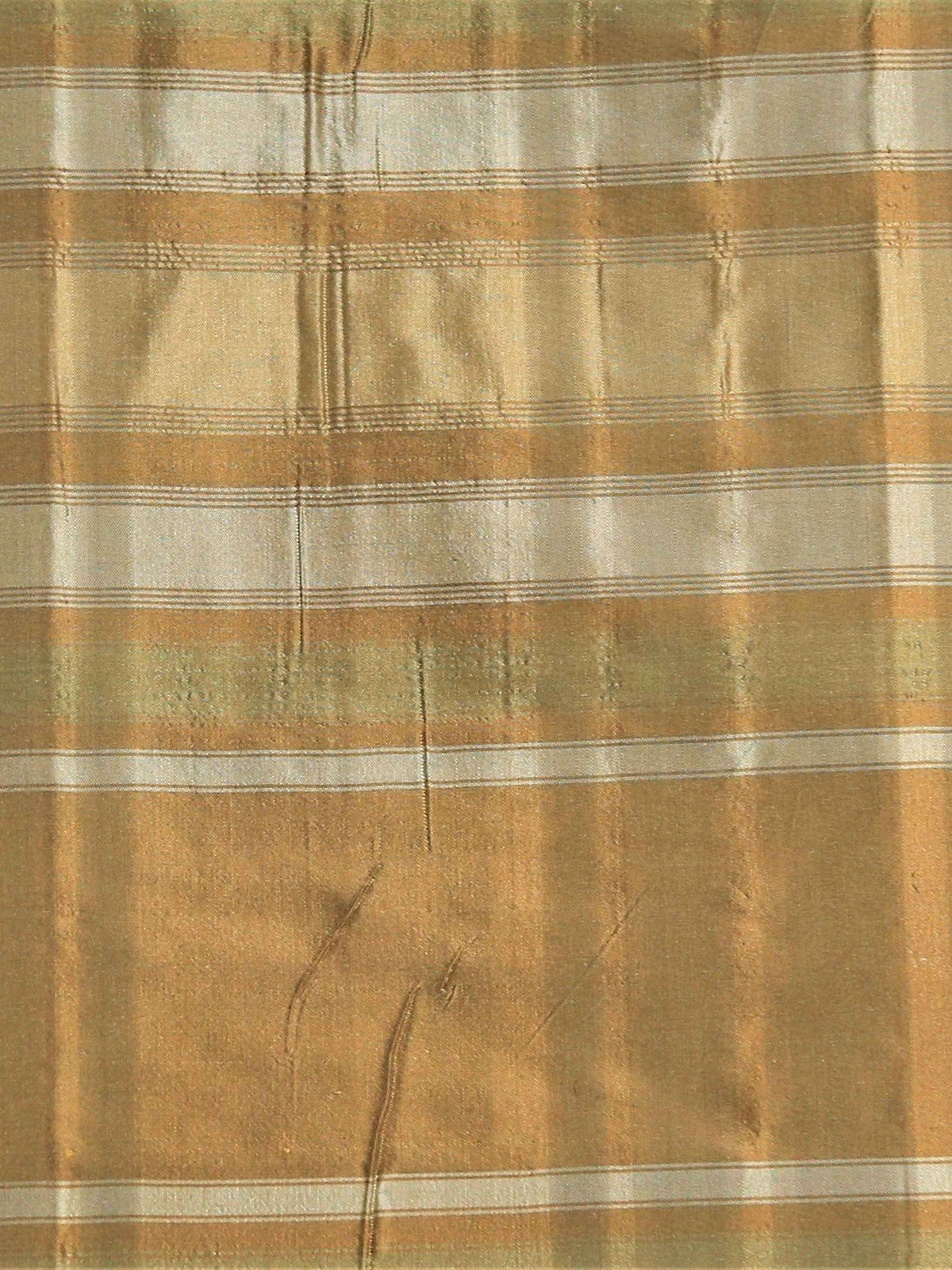 Swin check silk fabric in golden-tan windowpane check with white pinstripes and a sage-green accent band