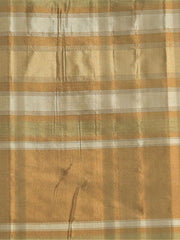 Swin check silk fabric in golden-tan windowpane check with white pinstripes and a sage-green accent band