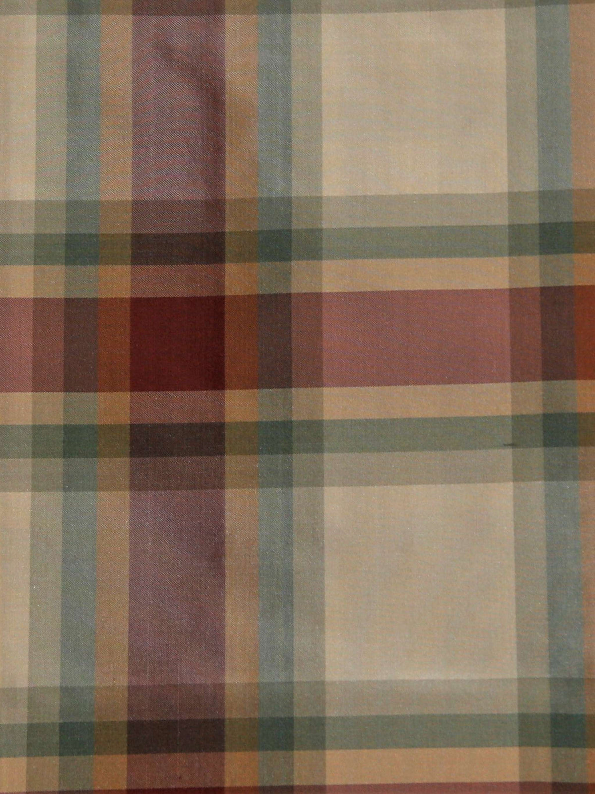 Cream and tan silk upholstery fabric with a mauve-burgundy and sage-green windowpane check