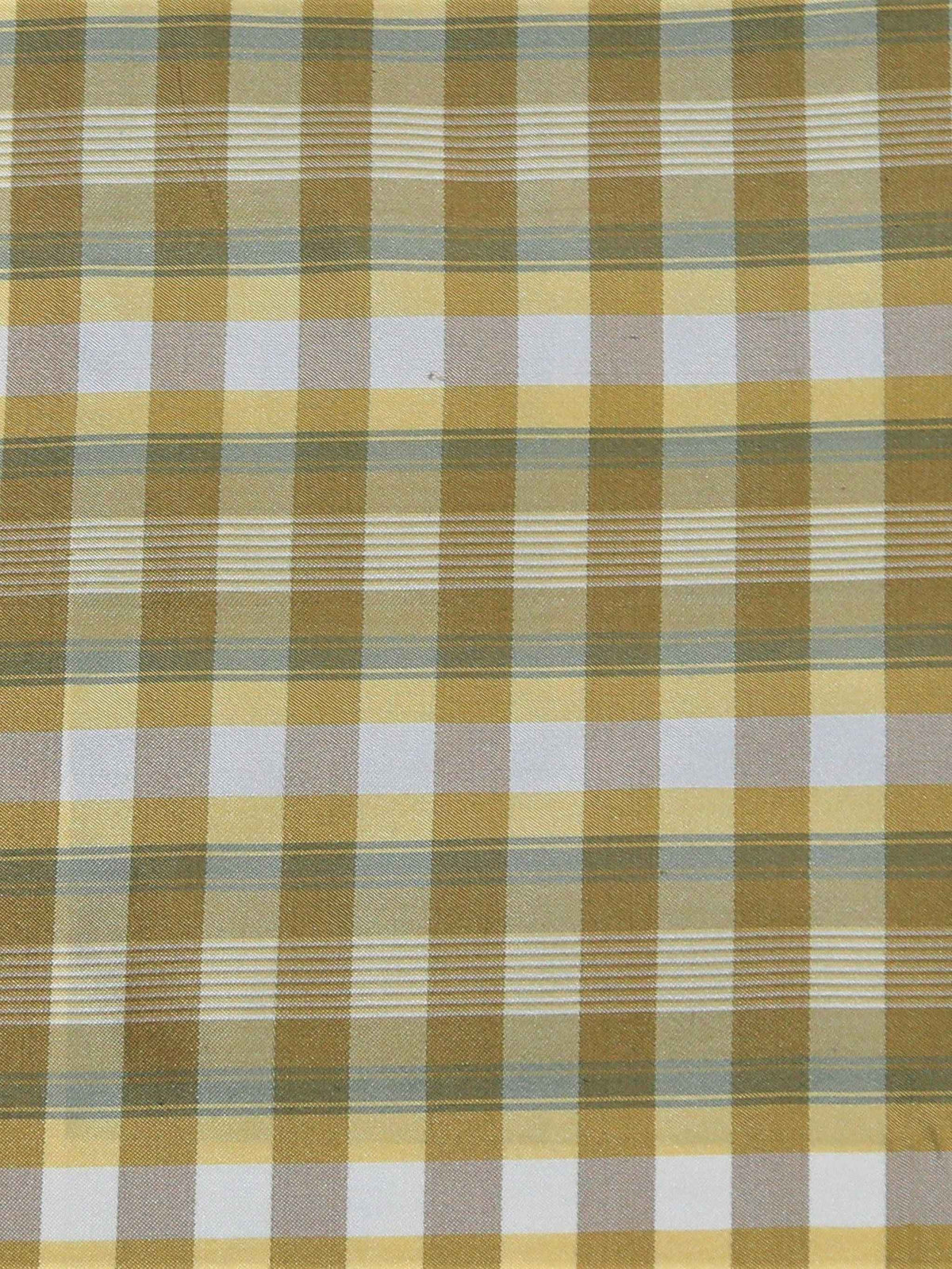 Gold, olive, and white silk upholstery fabric in a windowpane check with a fine grey pinstripe