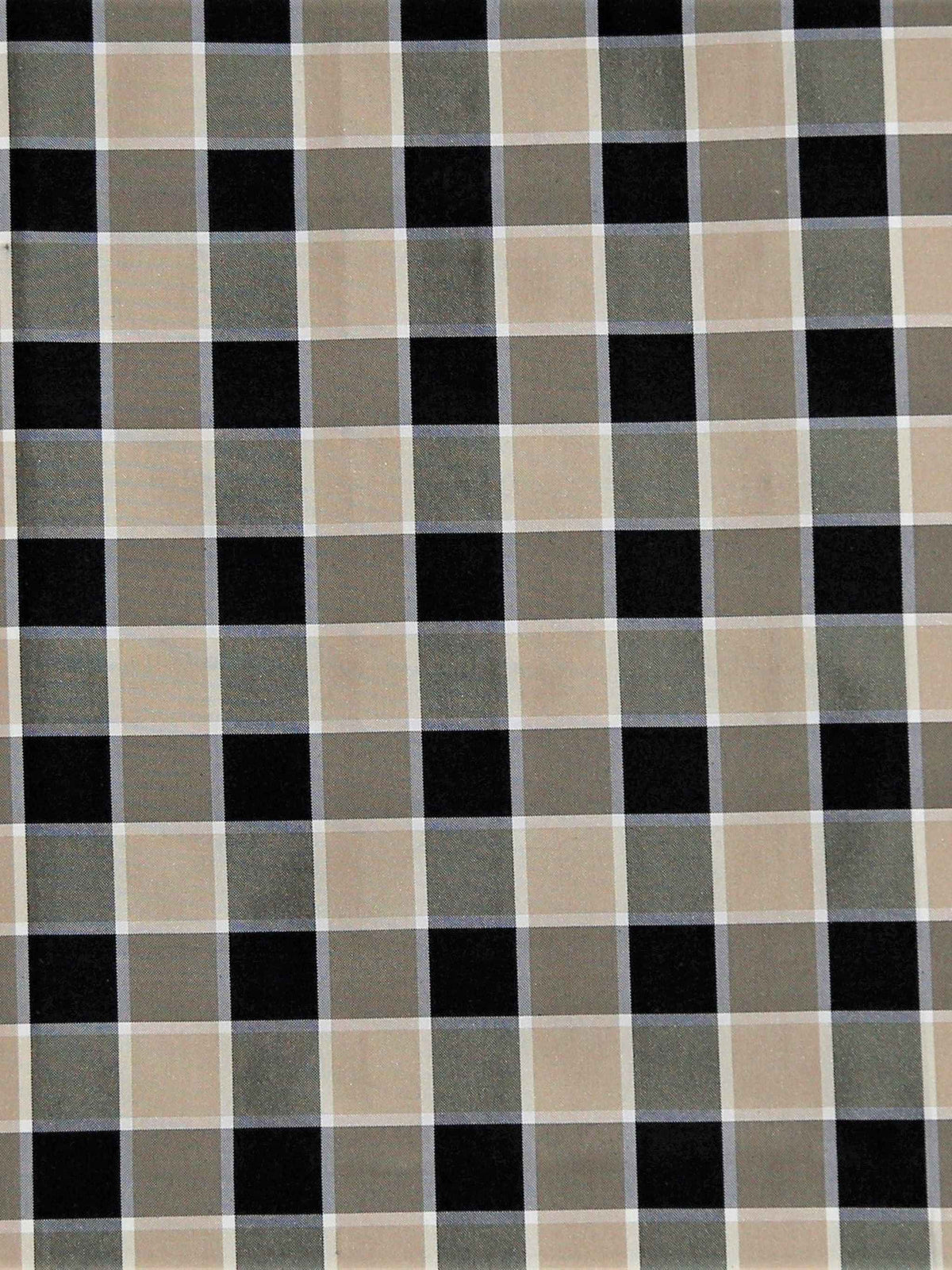 Black, grey, and cream silk upholstery fabric in a windowpane check