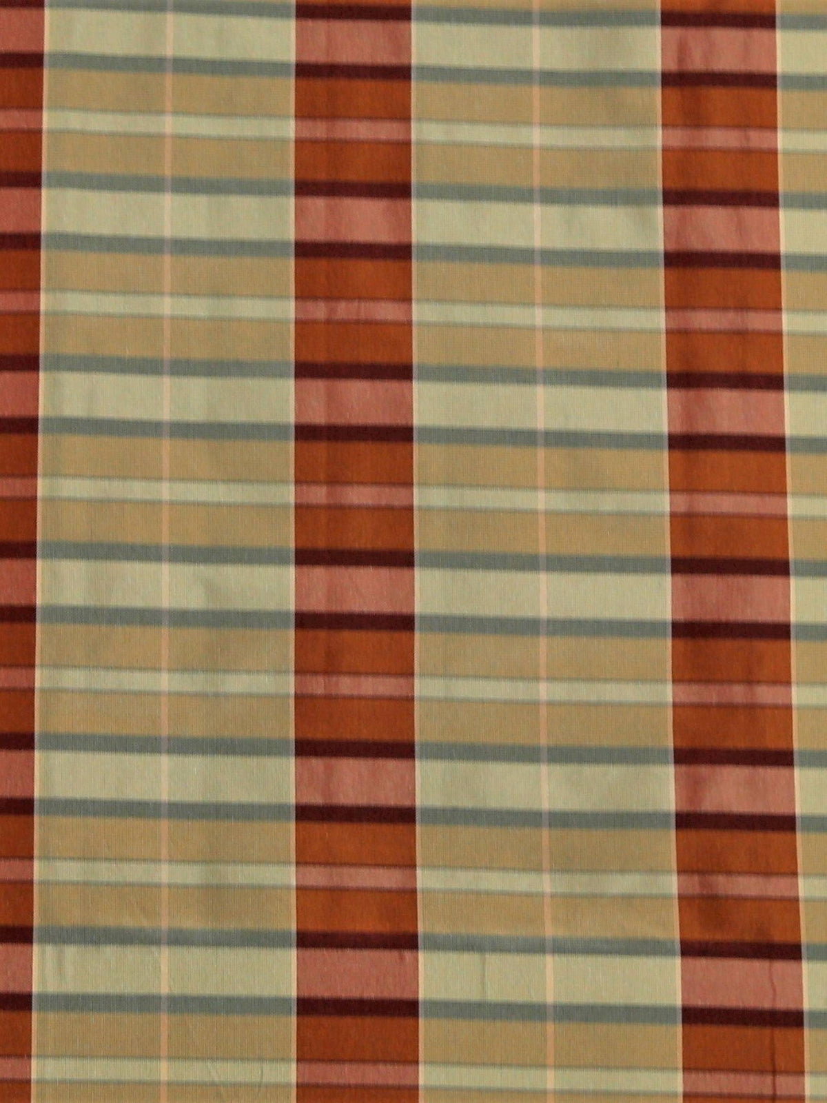 Rust, beige, and dusty blue striped silk upholstery fabric with a fine maroon pinstripe