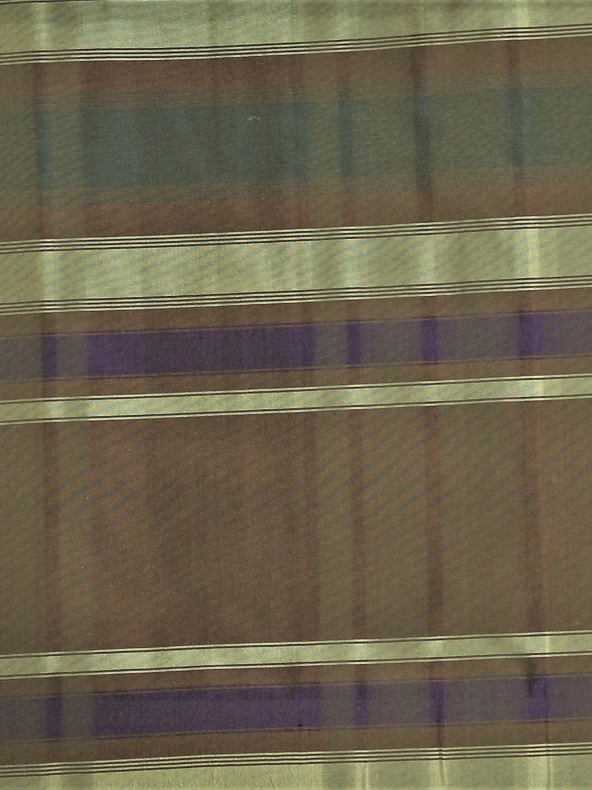 Olive-brown silk upholstery fabric check with a periwinkle-blue accent stripe