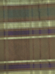 Olive-brown silk upholstery fabric check with a periwinkle-blue accent stripe