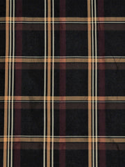 Black polysilk upholstery fabric in a windowpane check with maroon and gold pinstripe accents