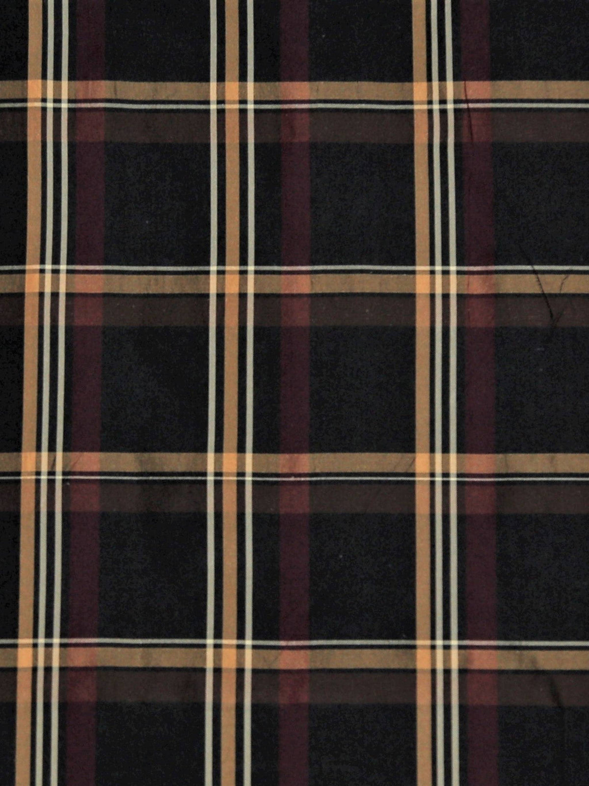 Black silk upholstery fabric in a windowpane check with maroon and gold pinstripe accents