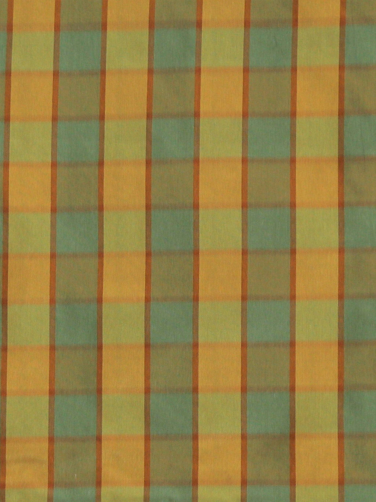 Gold, sage-green, and rust-orange silk upholstery fabric in a check pattern
