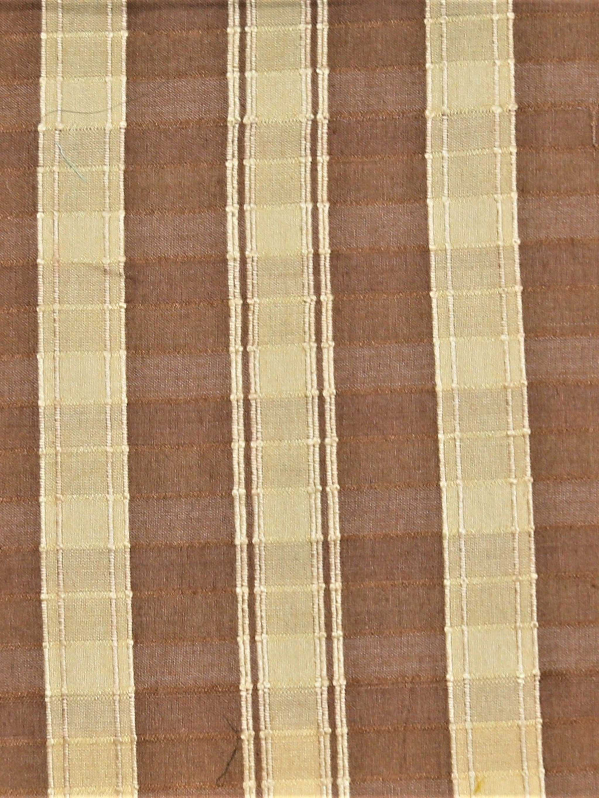 Tussar feswa silk upholstery fabric in warm brown with ivory and cream stripe bands