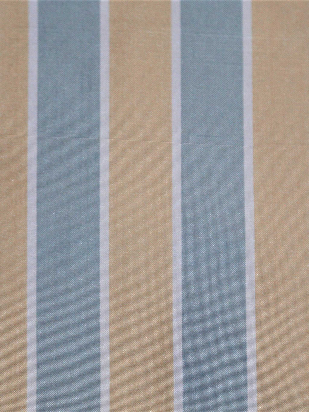 Zena stripe silk upholstery fabric in camel and dusty blue-grey with white pinstripes