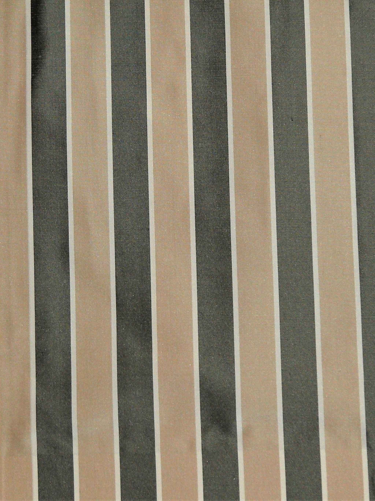 Charcoal-grey and tan silk upholstery fabric in a striped weave with a fine white pinstripe