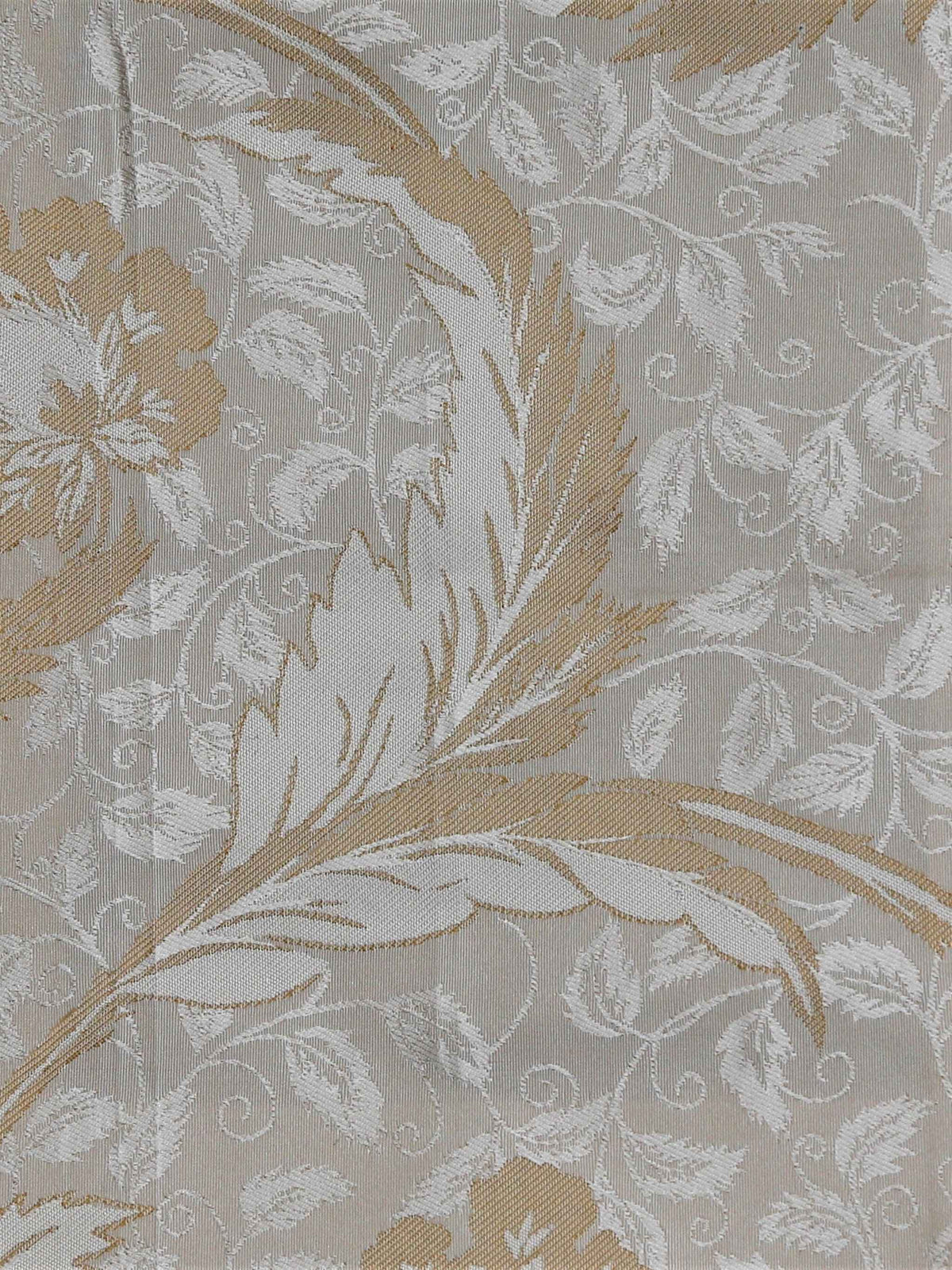 Beige silk upholstery fabric in a tone-on-tone floral jacquard with gold accents
