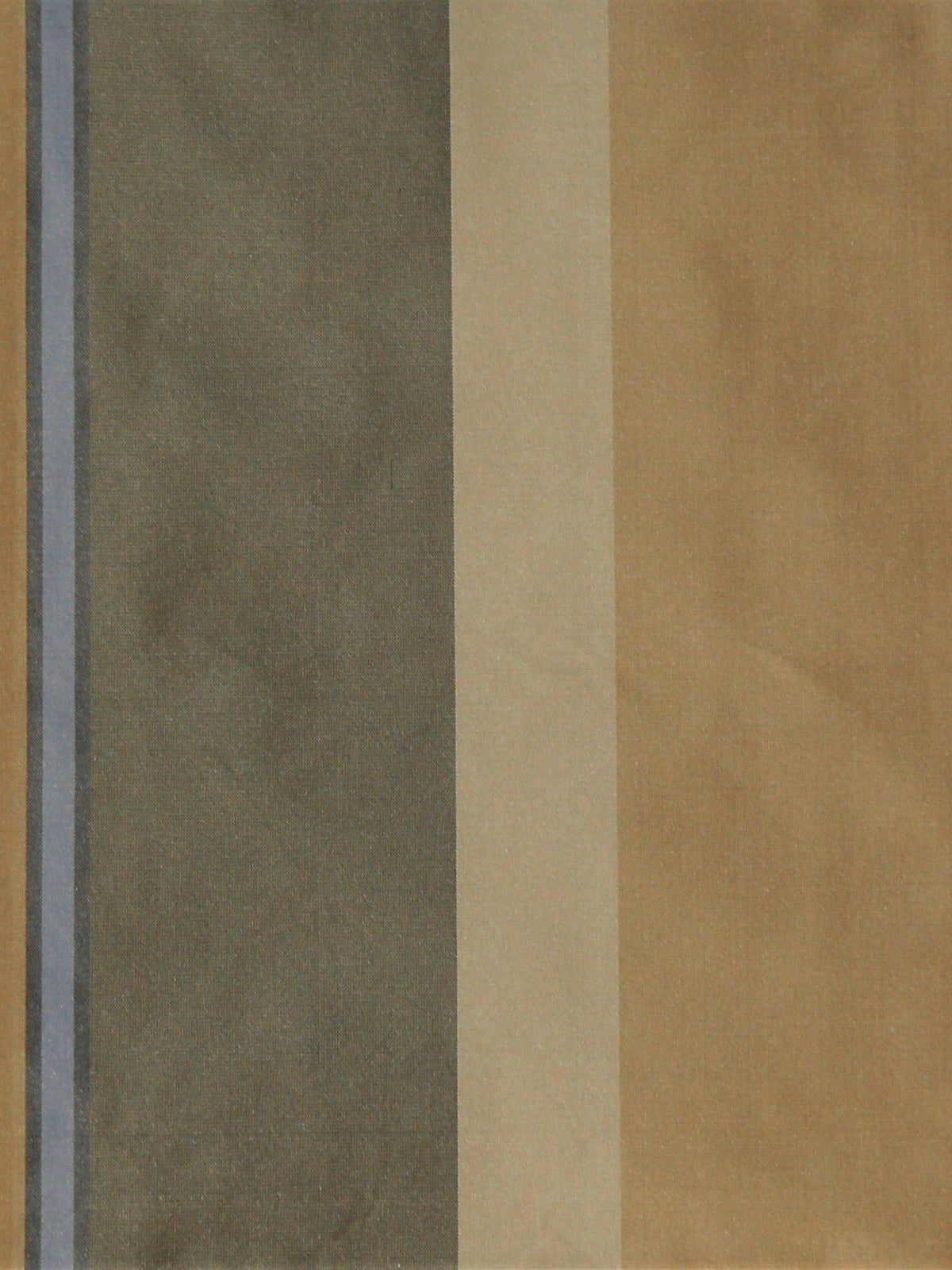 Olive-grey, beige, and tan silk upholstery fabric in a colour-block stripe with a slate-blue accent