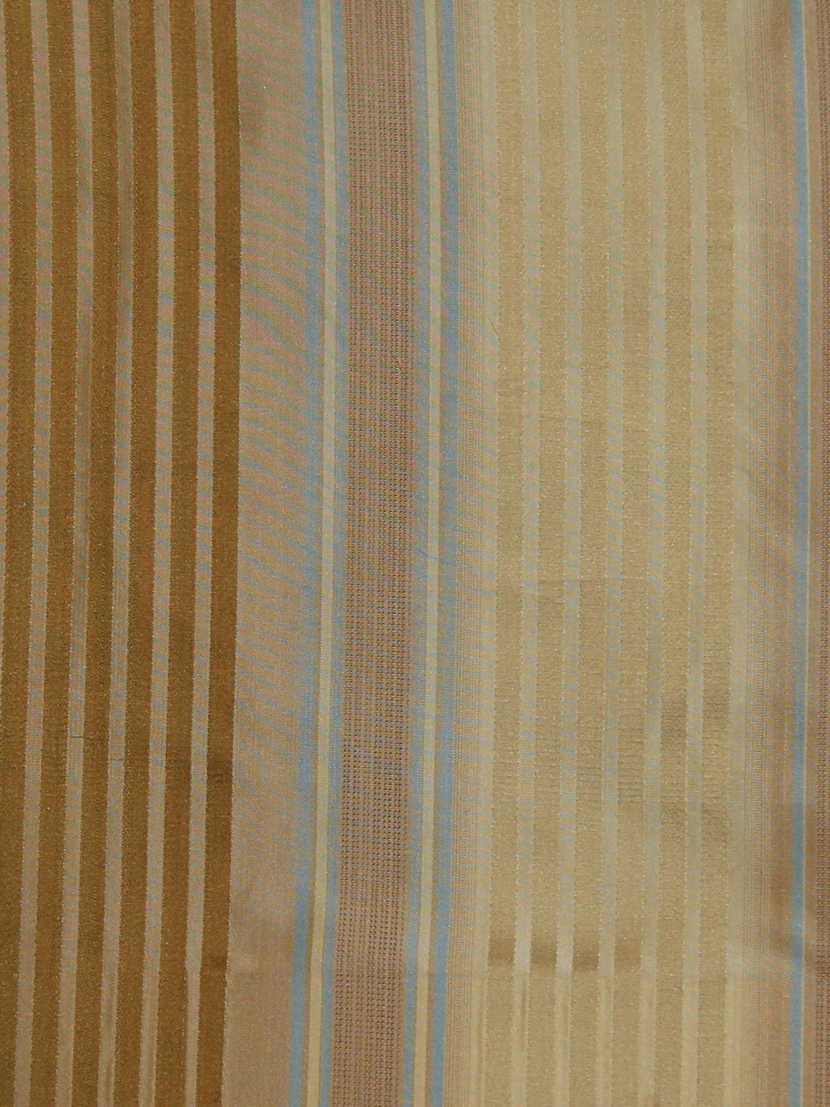 Brown, tan, and pale blue satin upholstery fabric in a multi-stripe weave
