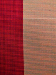 Deep red and peach-orange silk upholstery fabric in a colour-block stripe