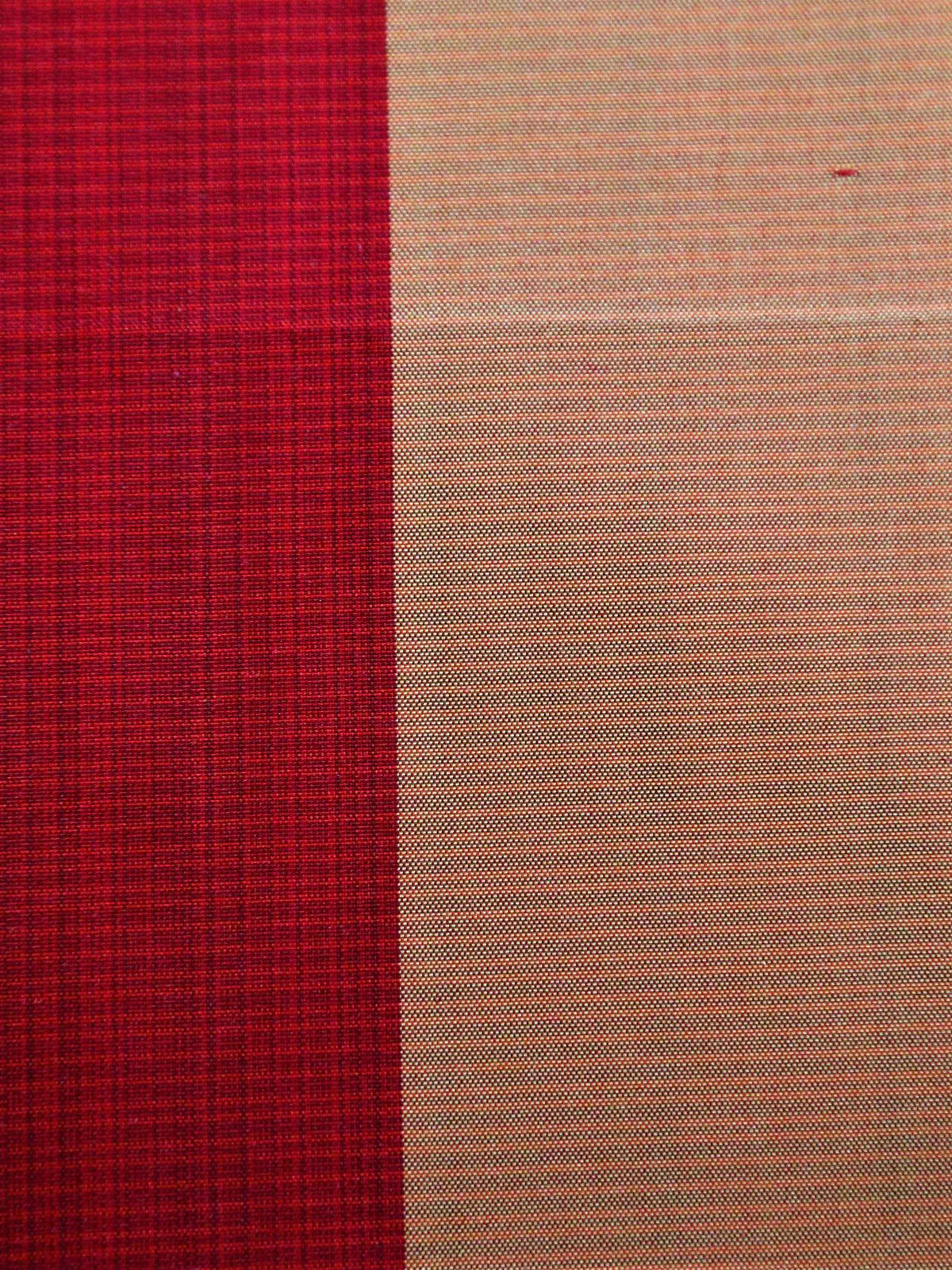 Deep red and peach-orange silk upholstery fabric in a colour-block stripe