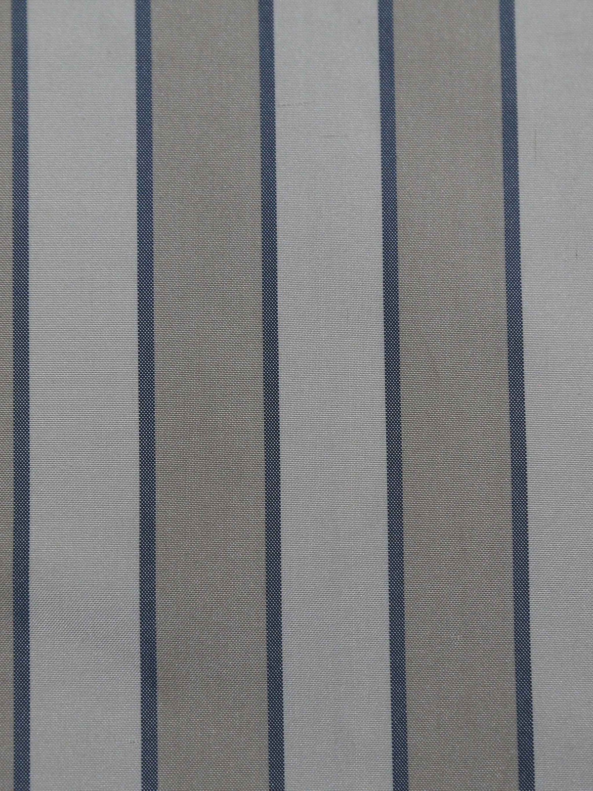 White and taupe silk upholstery fabric with a navy pinstripe
