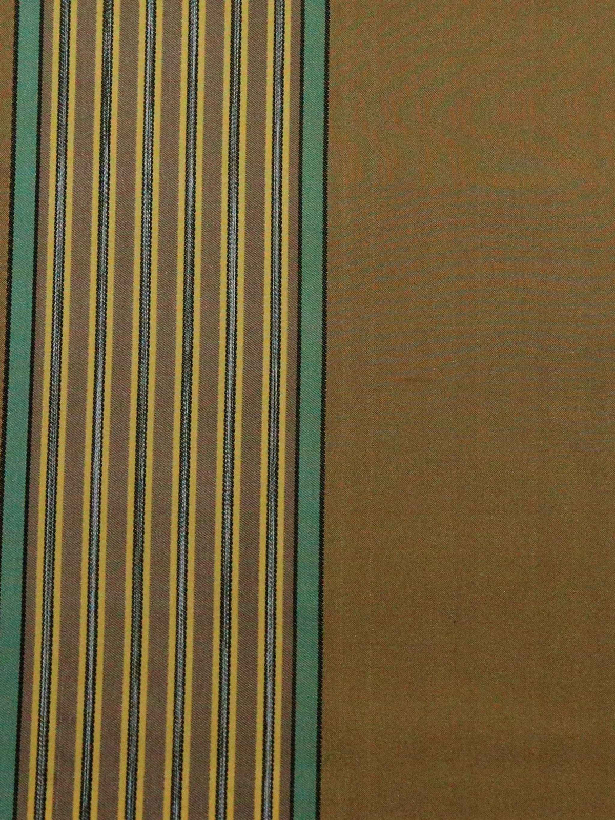 Tan-gold satin upholstery fabric with a sage-green bordered multicolour pinstripe