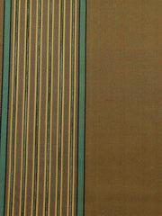 Tan-gold satin upholstery fabric with a sage-green bordered multicolour pinstripe