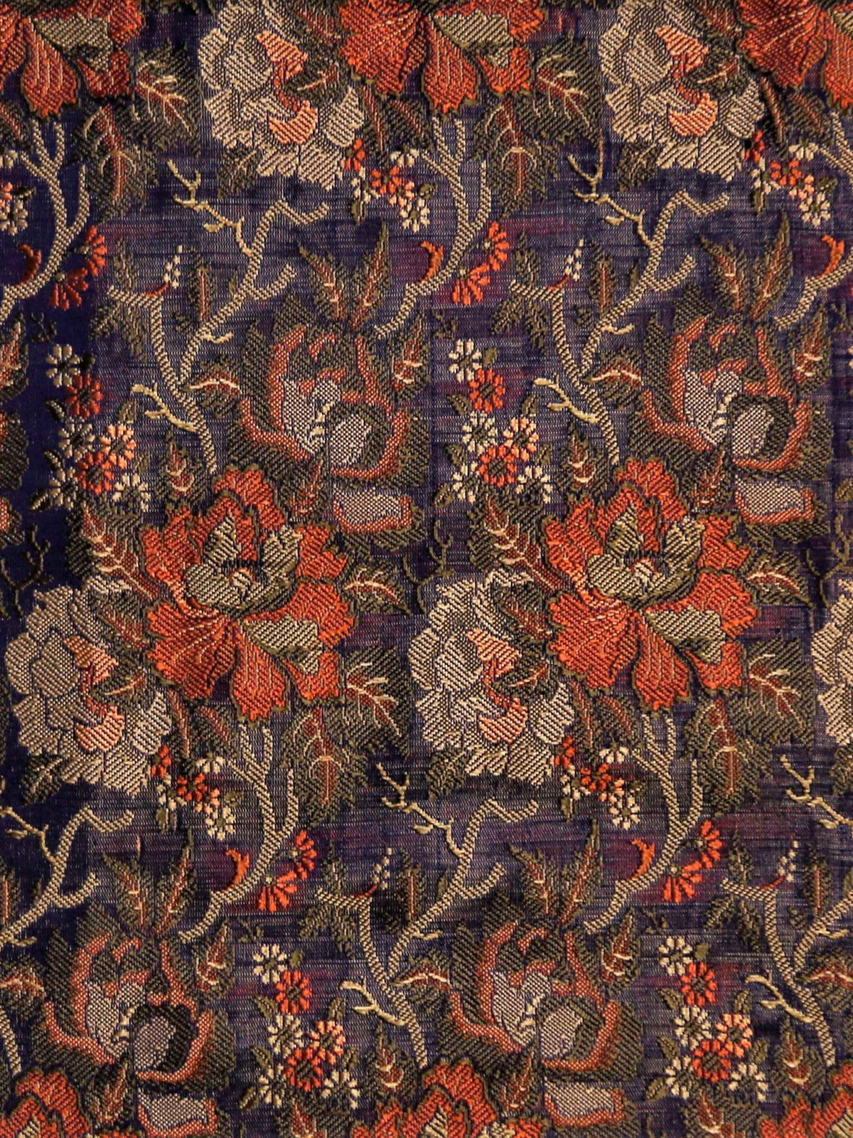 Navy silk upholstery fabric with a coral-orange and cream floral brocade