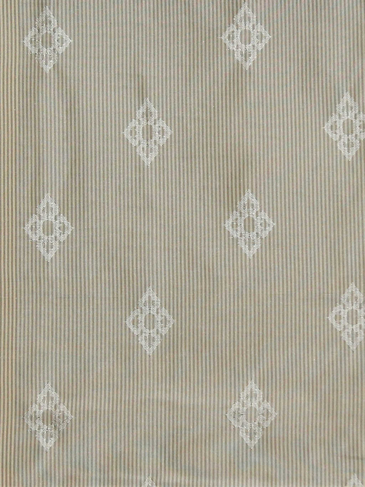 Beige silk upholstery fabric with white embroidered diamond medallions on a fine pinstripe