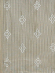 Beige silk upholstery fabric with white embroidered diamond medallions on a fine pinstripe
