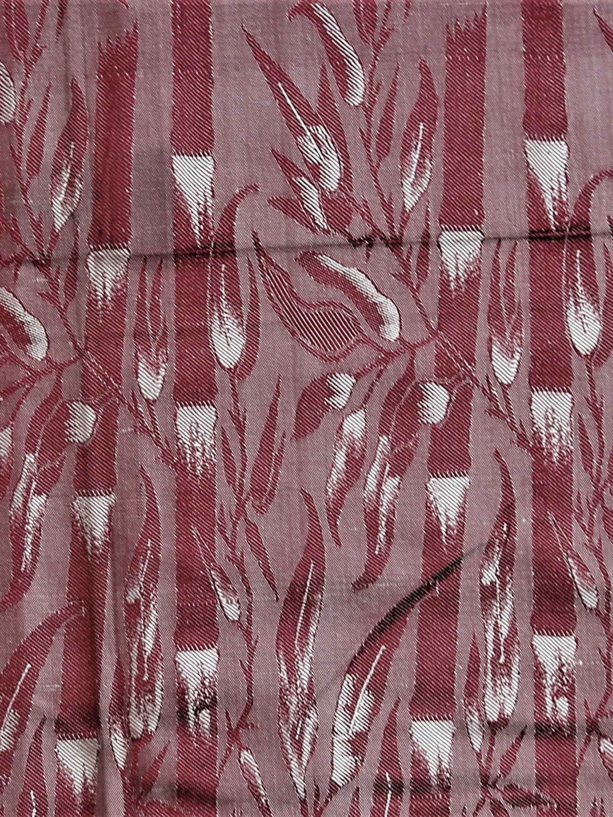Dusty rose silk upholstery fabric with maroon stripes and a cream leaf-vine brocade