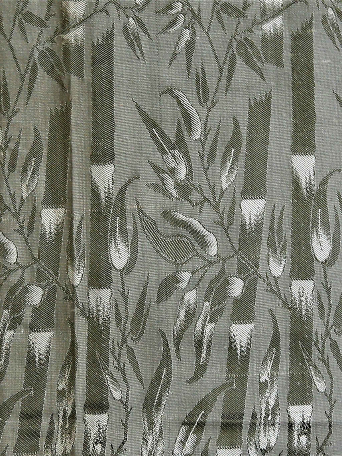 Sage-green silk upholstery fabric with an olive-green leaf-vine brocade