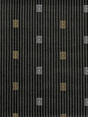 Charcoal-black silk upholstery fabric with gold and silver woven medallion motifs on a fine pinstripe