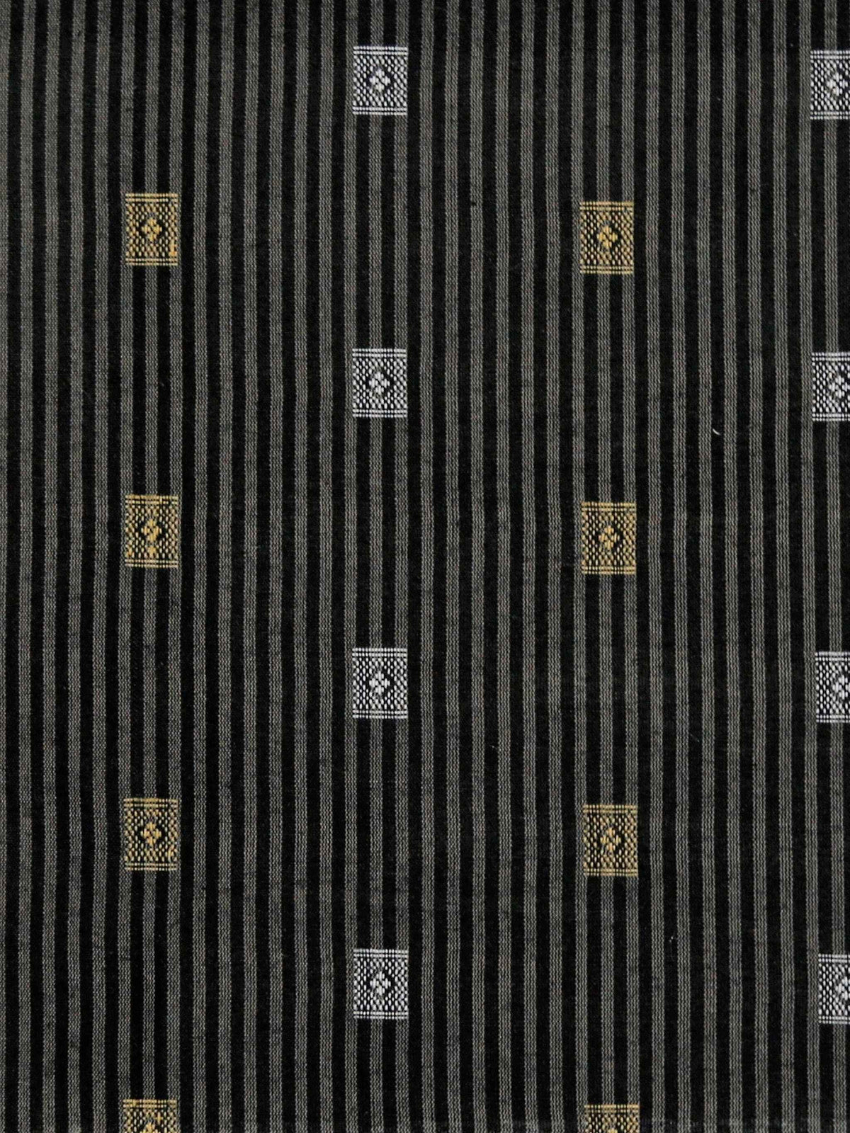 Charcoal-black silk upholstery fabric with gold and silver woven medallion motifs on a fine pinstripe