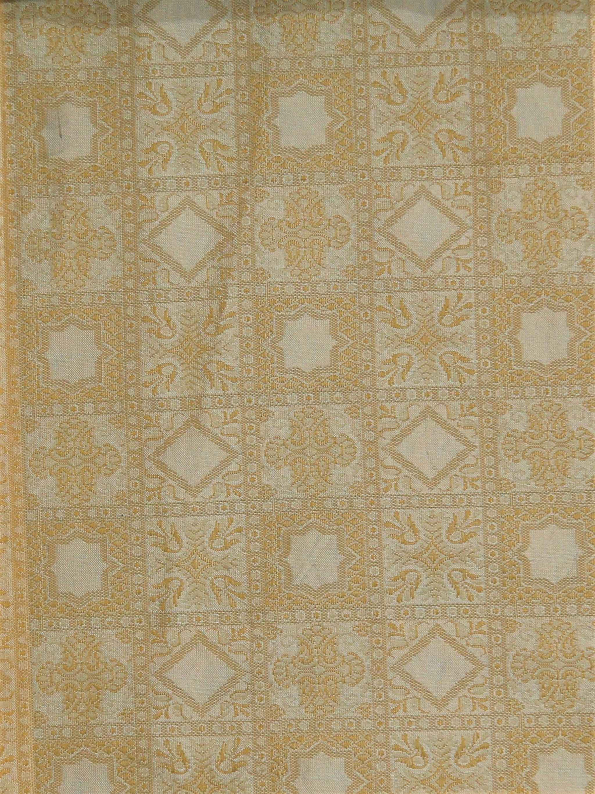 Cream and gold silk upholstery fabric with a geometric medallion lattice design