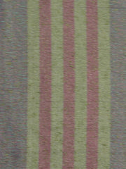 Sage-green, dusty pink, and blue-grey polysilk upholstery fabric in a multicolour stripe