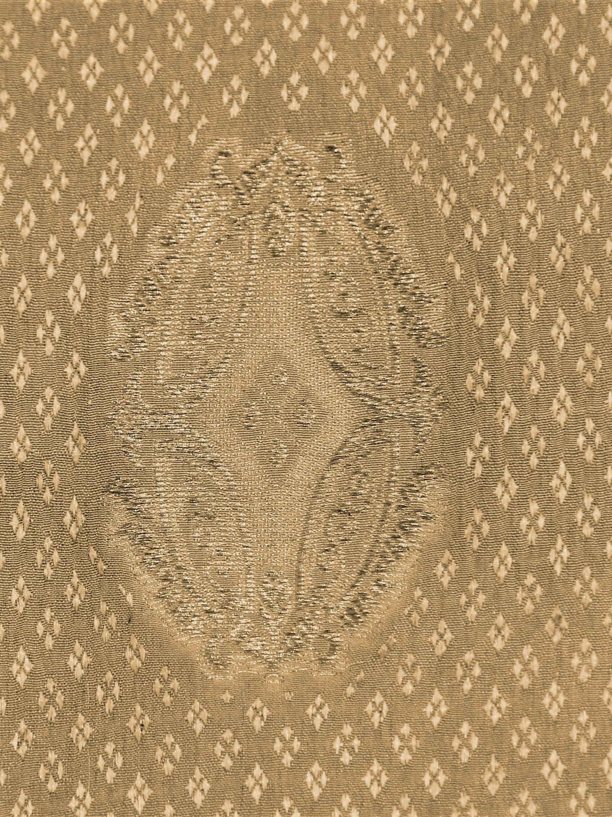 Gold silk upholstery fabric with a tone-on-tone diamond-dot jacquard and medallion motif