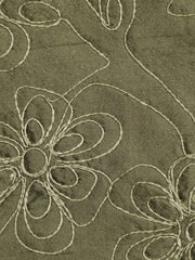 Moss-green silk upholstery fabric with a tone-on-tone embroidered swirling floral vine