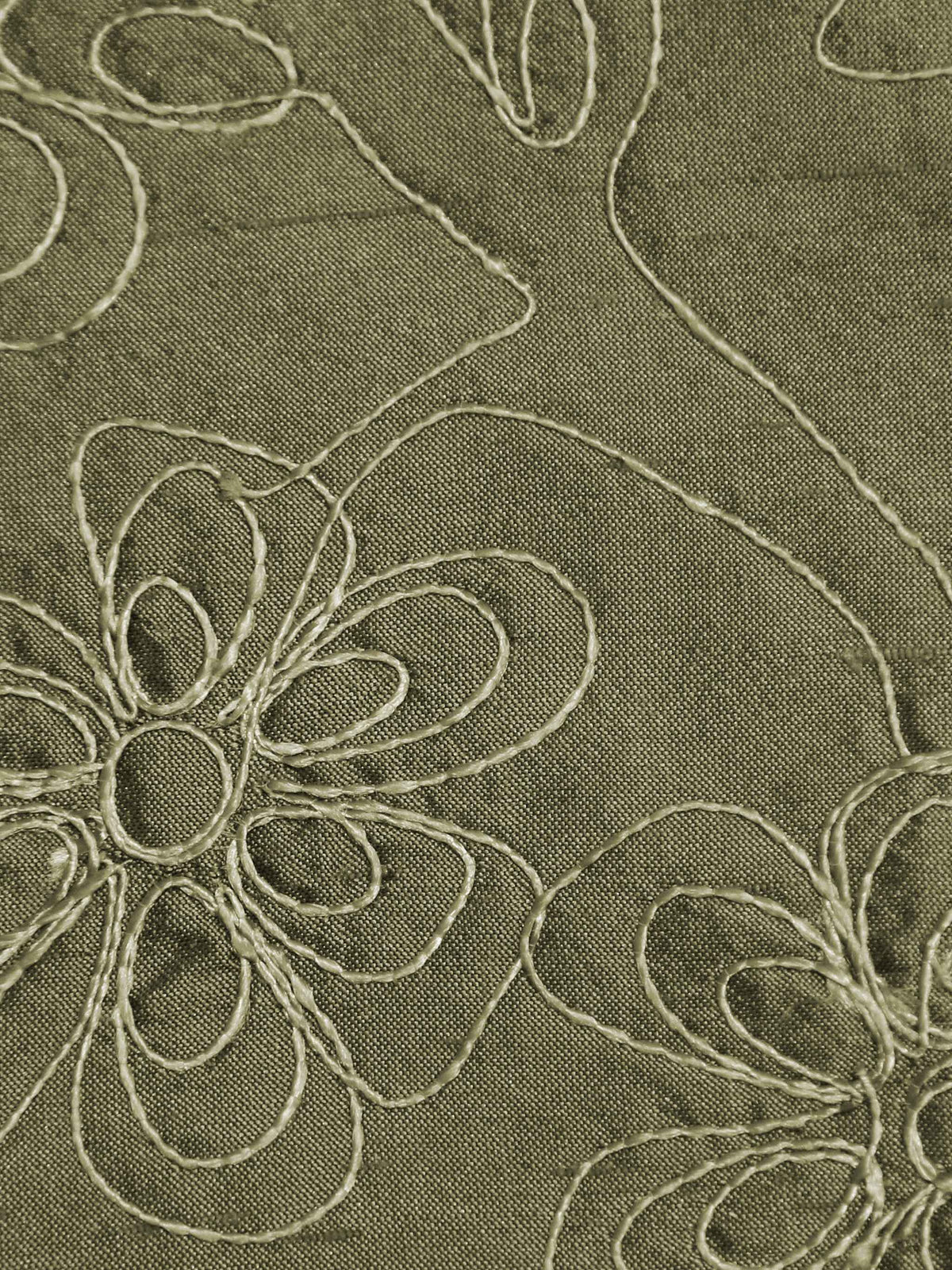 Moss-green silk upholstery fabric with a tone-on-tone embroidered swirling floral vine